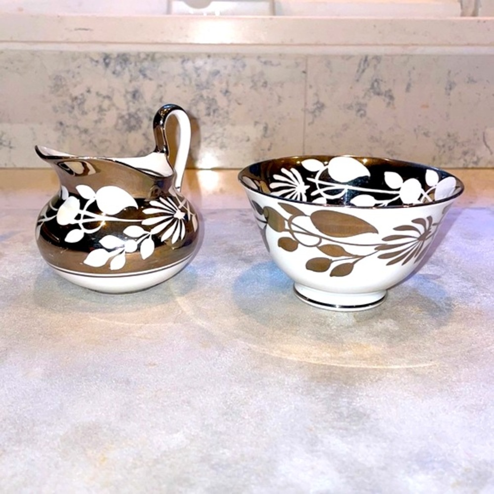 Royal Chelsea Silver Lustre Fine English Bone China Cream and Sugar Set EUC